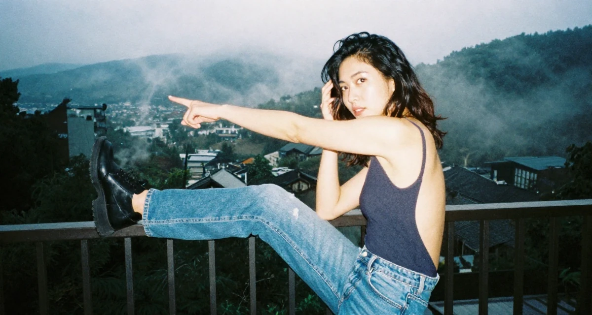 A reflective Female From Sapporo Japan, trained in fitness and body sculpting in their 40, sharing the joy of adoption and family, wearing a open-back bodysuit with vintage denim jeans, pushing hair from face in a opera house balcony.