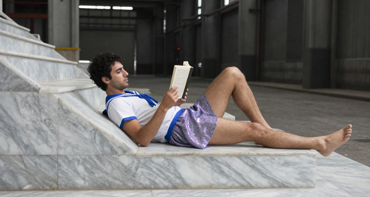 A lonely male From Turkey, has a degree in tourism management in their 21, reading philosophy and questioning everything, wearing a magical girl anime costume with a sparkly short skirt, pausing mid-step in a industrial warehouse.