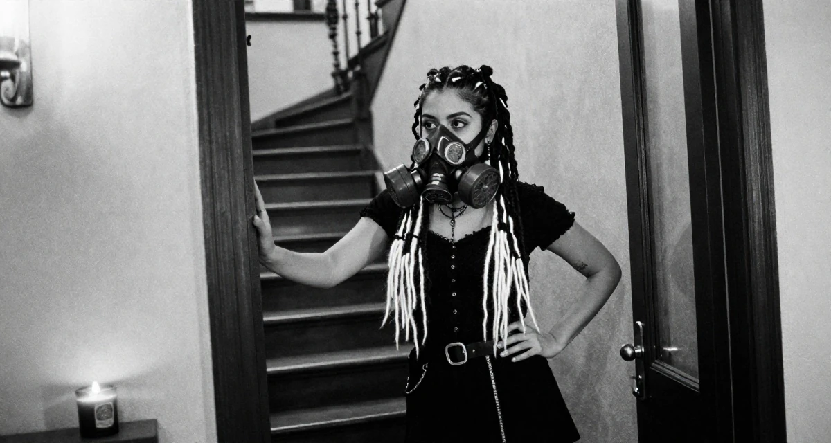 A nostalgic Female From Mexico, majored in advertising and PR in their 30, first-time entrepreneur building a startup, wearing a cyber-goth outfit with gas mask and neon dreads, pushing a door open in a winding staircase.