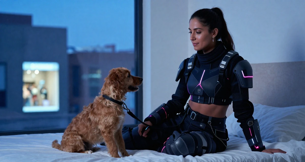 A serene Female Raised in Morocco, studied international marketing in their 40, sharing the joy of adoption and family, wearing a cyberpunk street samurai gear with neon accents, holding a leash in a minimalist bedroom.