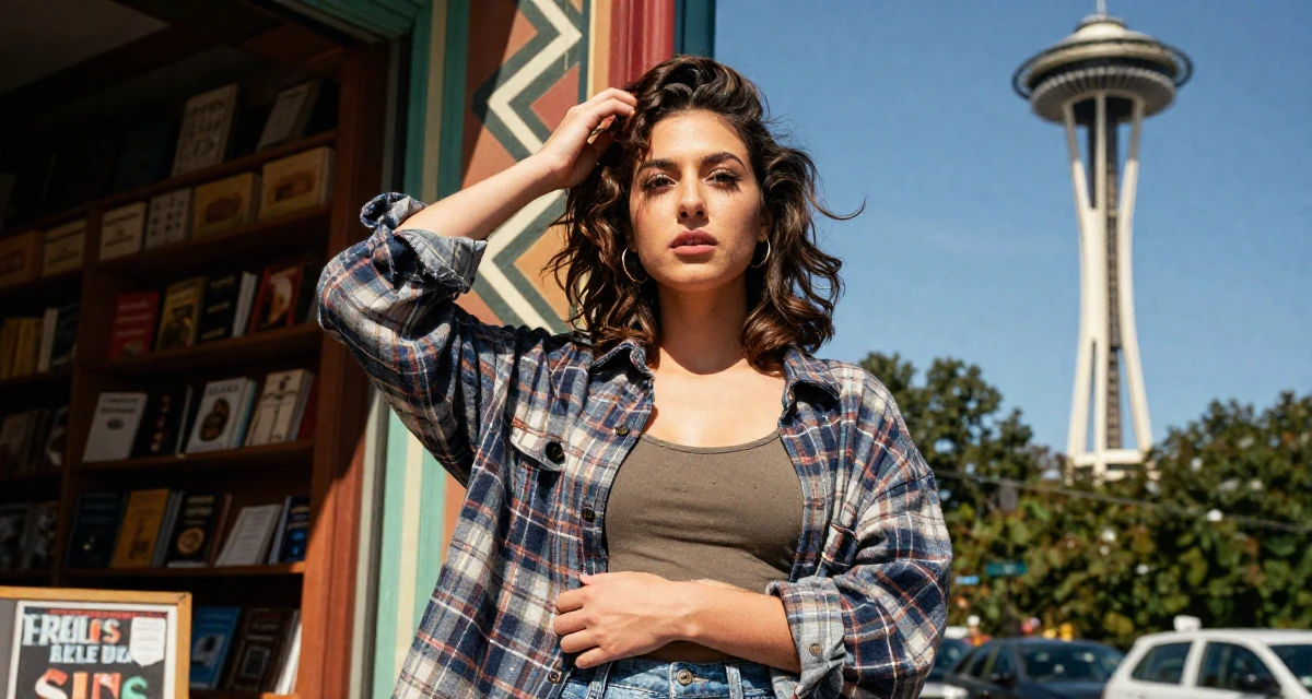 A bold and charismatic Female From USA, studied anthropology and folklore in their 22, hit hard by the reality of entry-level wages, wearing a oversized flannel shirt unbuttoned over a crop top, retouching hair volume in a vintage bookstore.