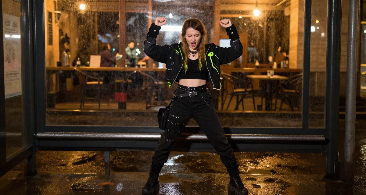 A victorious Female From Russia, holds a degree in graphic design in their 24, learning to work through emotional lows, wearing a cyberpunk street samurai gear with neon accents, grabbing a railing for support in a bus stop in the rain.