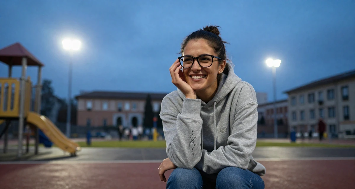 A ecstatic Female From Rome Italy, studied classical body aesthetics and figure drawing in their 47, creating a guide for solo female travel, wearing a classic grey hoodie and jeans, adjusting glasses in a school playground.