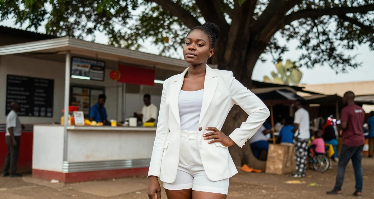 A tranquil Female From Lagos Nigeria, majored in digital marketing in their 29, accepting that progress is messy and nonlinear, wearing a white blazer and matching white shorts, posing for a selfie in a retro 50s diner.