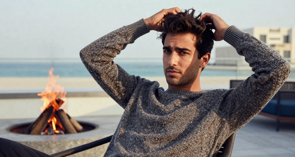 A dazed male From Abu Dhabi UAE, studied finance and banking in their 33, protecting personal time fiercely, wearing a textured wool sweater, messing up hair playfully in a rooftop garden.