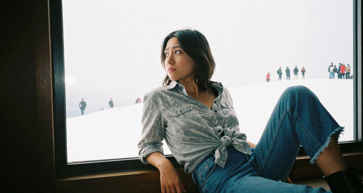 A melancholic Female From Madagascar, majored in ecotourism in their 23, refining video style through trial and error, wearing a button-down shirt tied at the waist and denim cutoffs, looking out the window in a snowy mountain peak.