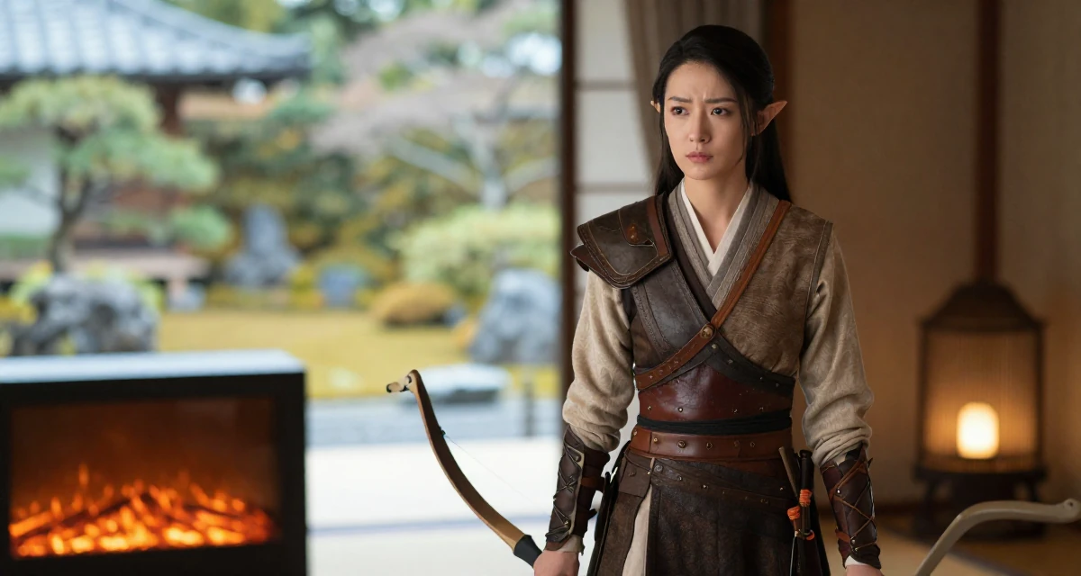 A wistful Female From China, majored in economics at a top university in their 28, questioning whether to scale up or scale back, wearing a fantasy elven archer outfit with leather armor details, clasping hands together in a luxury spa room.