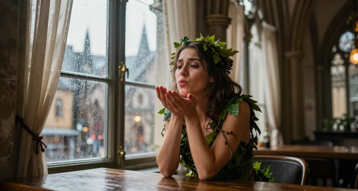 A patient Female Once a hotel bartender, now creating nightlife-themed fan content in their 20, feeling a mix of excitement and deep anxiety, wearing a forest dryad costume made of leaves and vines, blowing a kiss in a gothic cathedral interior.