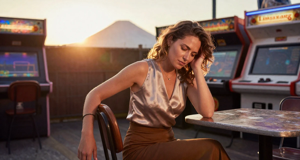 A emotional Female From Luxembourg, studied European business law in their 30, feeling pride and fatigue in equal measure, wearing a sleeveless silk top and a high-waisted skirt, resting hands on a table in a arcade room with neon lights.