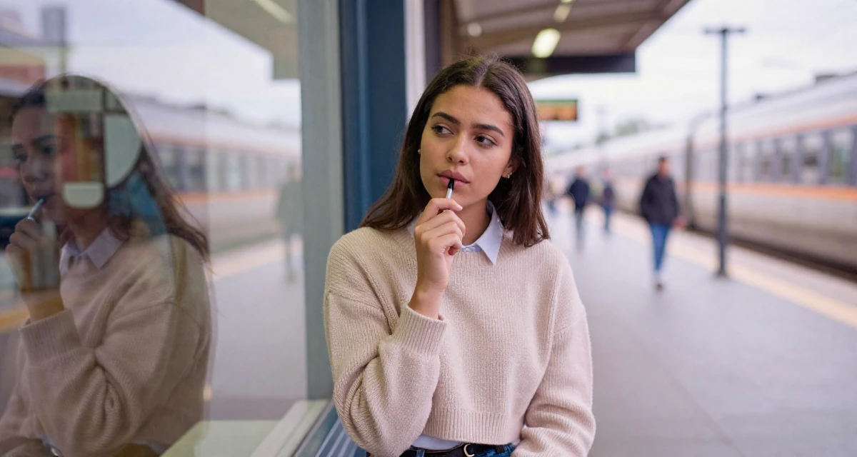 A soulful Female From Zimbabwe, studied computer programming in their 22, navigating competitive academic environments, wearing a cropped sweater over a collared shirt, chewing on a pen thoughtlessly in a urban street.