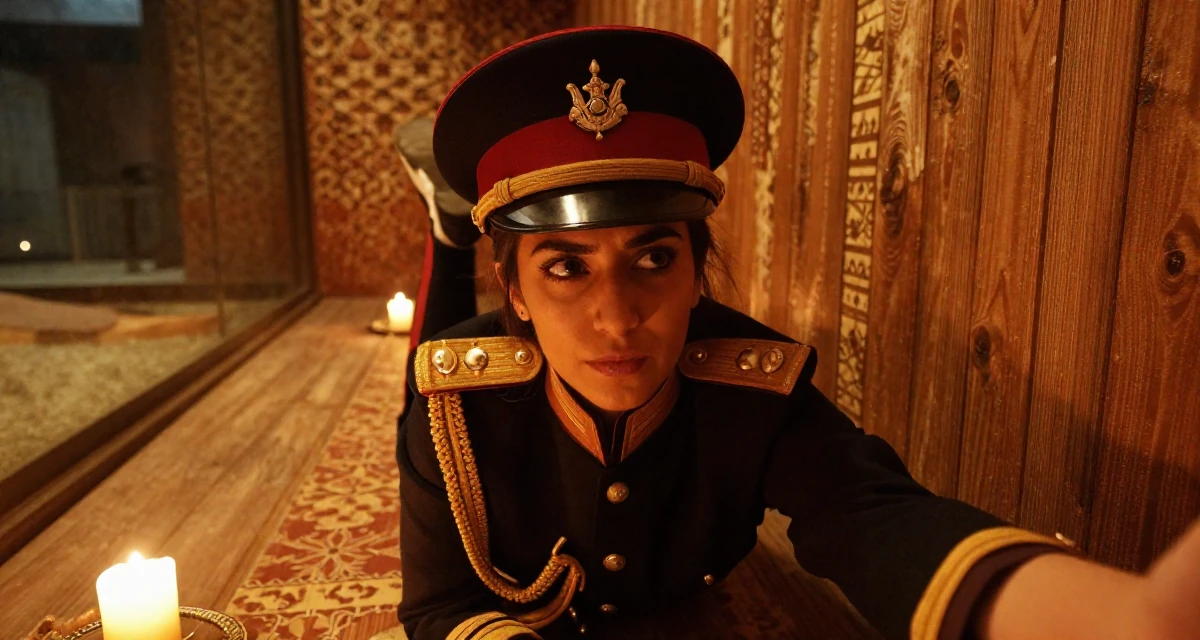 A suspicious Female From Arabic-speaking world, studied international logistics in their 22, mastering the art of subtle teasing through framing, wearing a imperial officer uniform with a peaked cap, posing for a selfie in a zoo enclosure path.