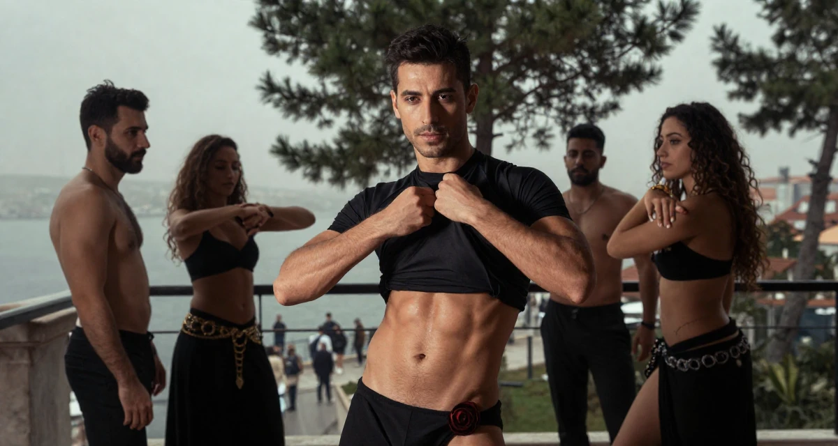 A calm and confident male From Istanbul Türkiye, learned belly dance and expressive movement in their 21, drifting between different friend groups, wearing a cropped rash guard and bikini bottom, adjusting a collar in a luxury penthouse balcony.