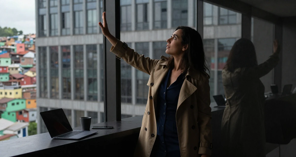 A open and honest Female Once a dog trainer, now a pet-friendly lifestyle content creator in their 49, celebrating a life of resilience and grit, wearing a classic trench coat worn over a business dress, checking a reflection in a window in a modern skyscraper lobby.