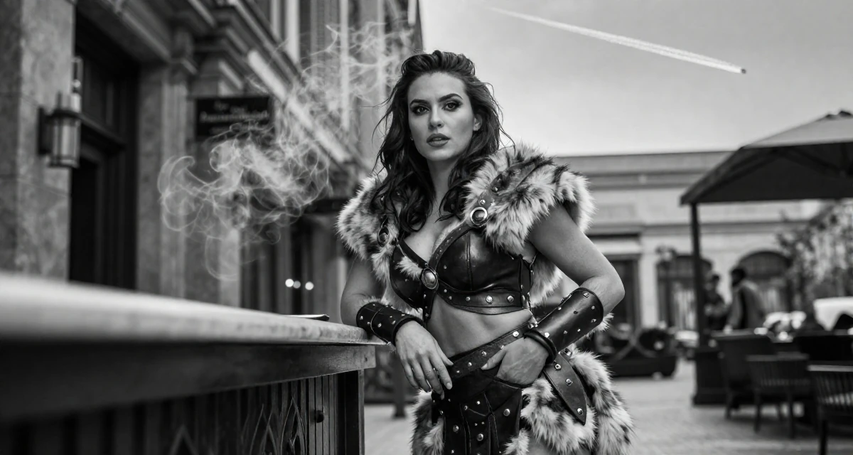 A captivating Female Former accountant in her 30s, now creating fitness-driven fan content in their 22, embracing a “soft seductress” vibe in shoots, wearing a barbarian warrior outfit with faux fur and leather, sliding a hand into a pocket in a luxury hotel lobby.