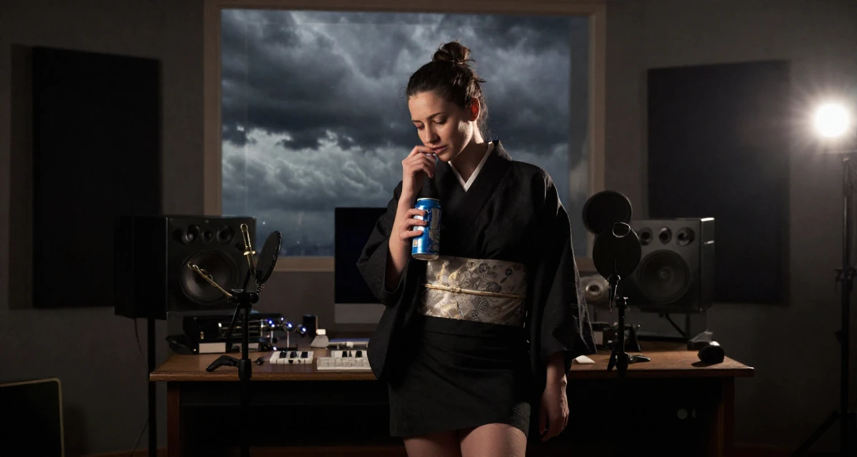 A upbeat Female From Belgium, studied film production in their 20, stressing over finals and future uncertainty, wearing a shrine maiden outfit with a short hakama skirt, holding a beverage can in a music recording studio.