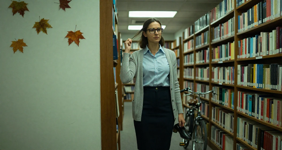 A dignified Female Raised in the UK, studied marketing strategy in their 21, constantly documenting life for an audience, wearing a librarian outfit with glasses and a tight cardigan, dangling a shoe from one foot in a vintage bookstore.