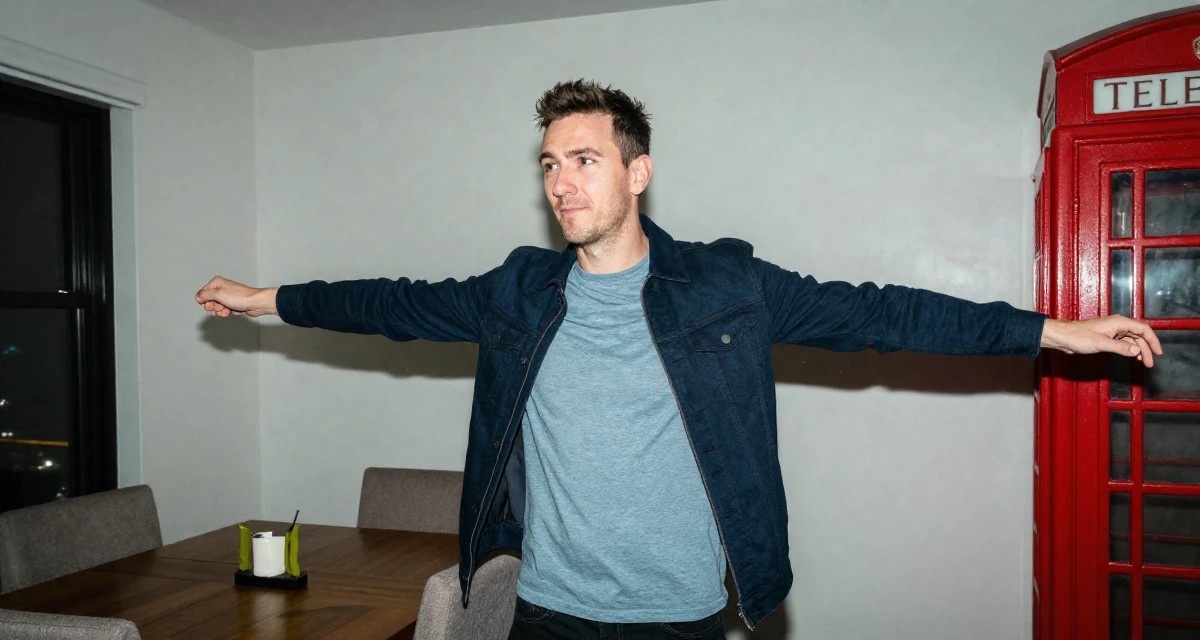 A witty male From Wellington New Zealand, studied creative writing and visual narrative in their 49, noticing early burnout signs, wearing a structured jacket with casual tee, stretching arms after waking in a dining room.