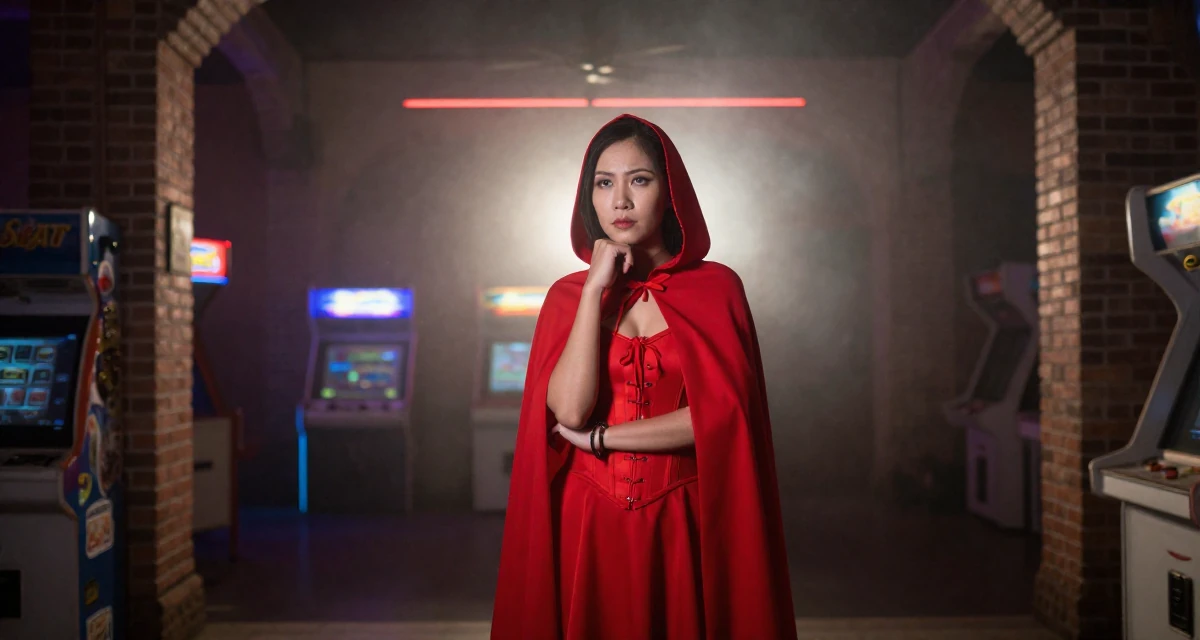 A arrogant Female From Vietnam, based in Da Nang, graduated from a local university majoring in e-commerce in their 50, exploring semi-retirement options, wearing a red riding hood inspired cape and corset dress, resting a chin on a hand in a arcade room with neon lights.