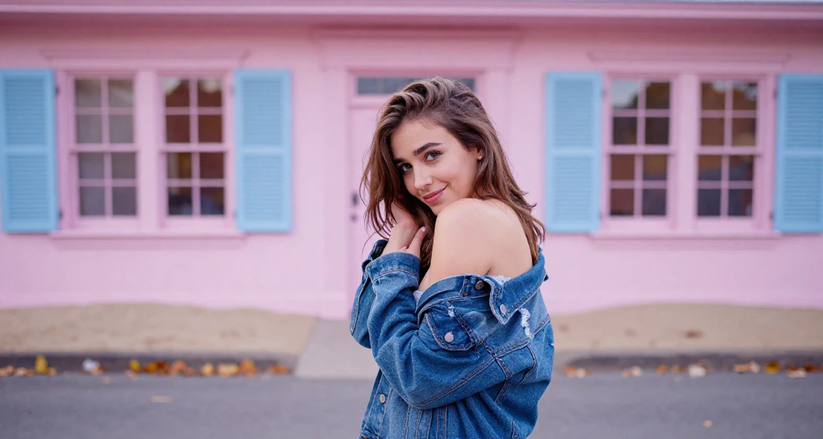 A quietly happy Female Once a junior photographer, now the subject of her own shoots in their 25, building a loyal fanbase with tasteful flirty storytelling, wearing a denim jacket worn off-shoulder over a tube top, leaning head on a hand in a neon-lit street.