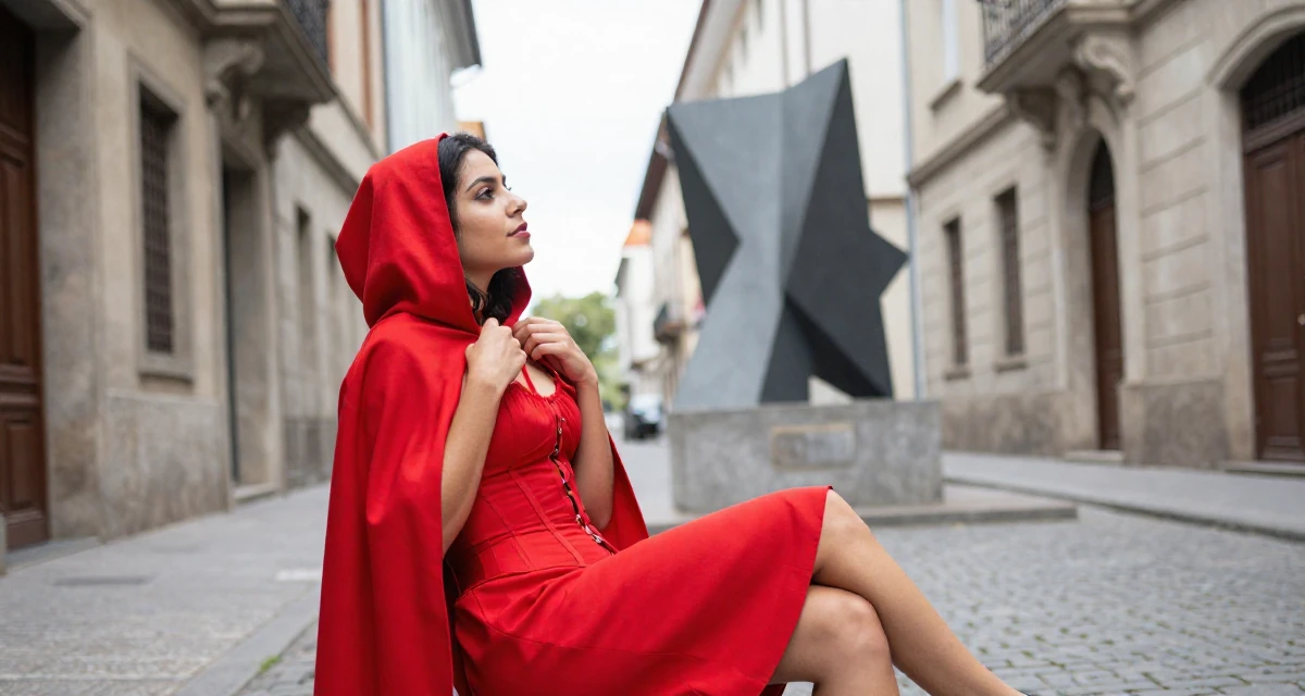 A dreaming Female From Brazil, studied software engineering in their 24, hitting creative block but needing income anyway, wearing a red riding hood inspired cape and corset dress, gripping a lapel in a quaint European street.