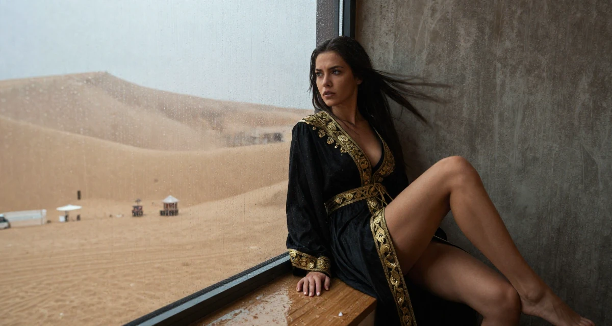 A intimidating Female From Budapest Hungary, explored sensual character-based content in their 23, staring pensively out a rain-streaked window, wearing a high-fantasy sorceress robe with gold embroidery, crossing legs in a desert sand dunes.