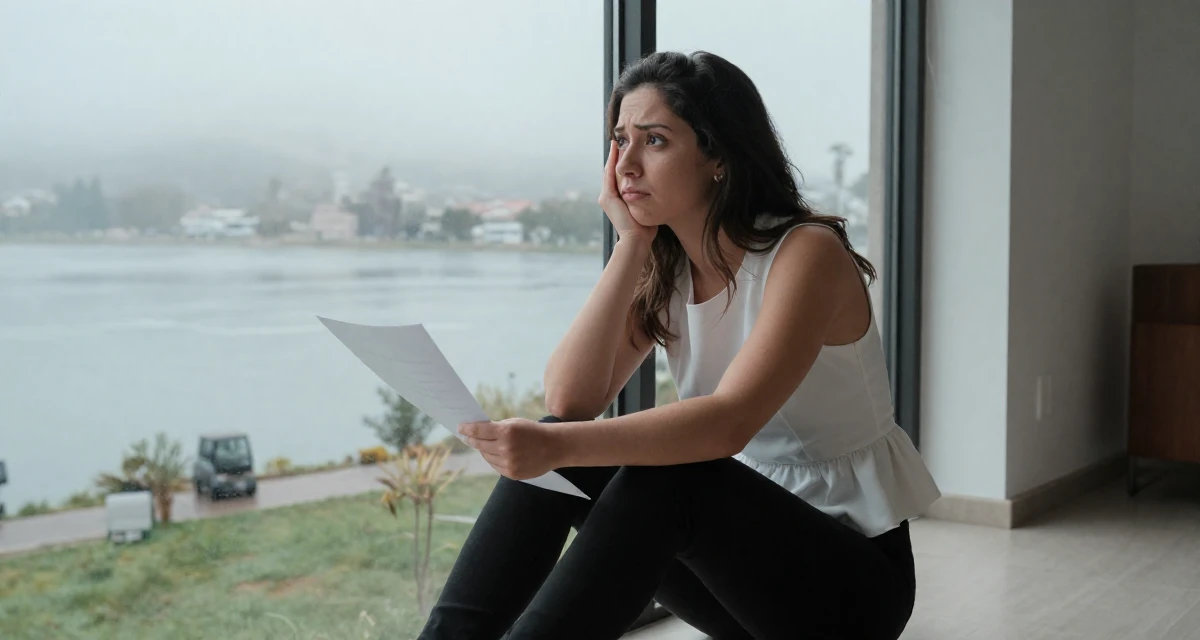 A introspective Female From Chile, based in Valparaíso, graduated from a local institute majoring in multimedia journalism in their 23, wondering if this hustle is worth the stress, wearing a white peplum top and skinny black trousers, holding a piece of paper in a modern apartment.