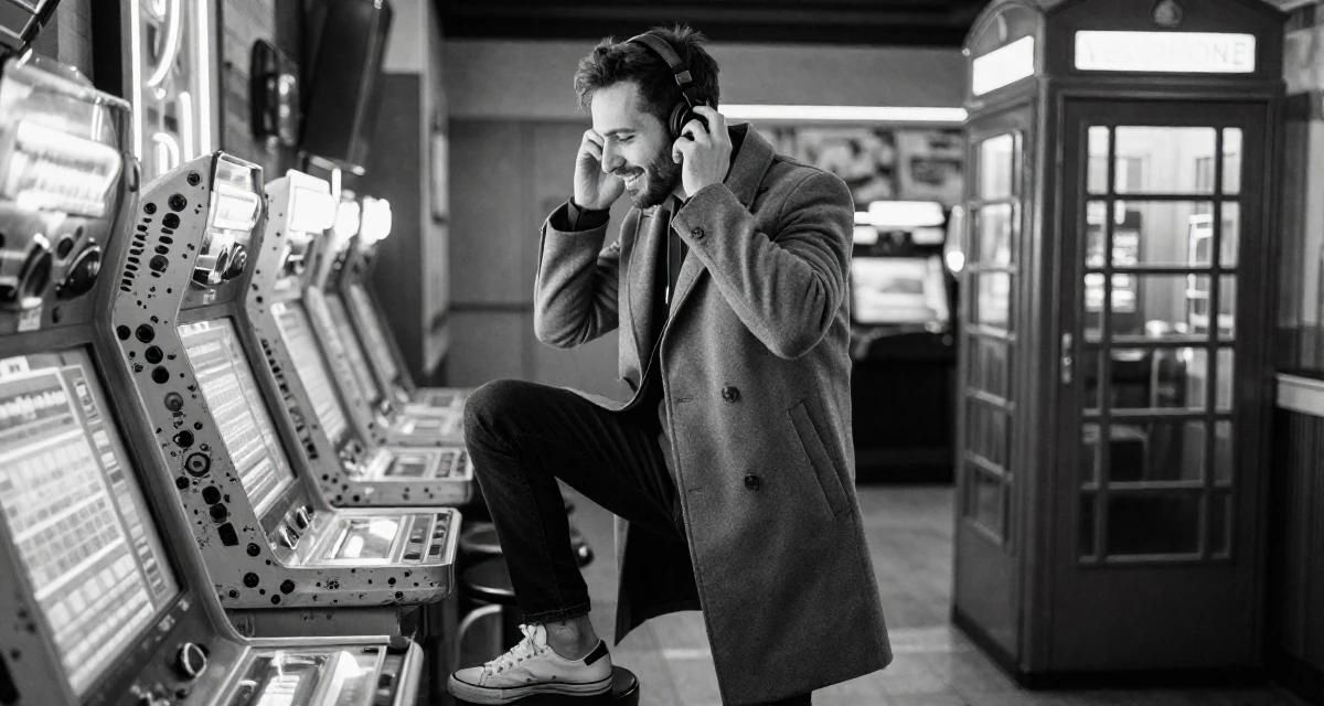 A positive male Once a swim camp counselor, now leaning into beach-centered creator storytelling in their 24, taking creative work more seriously, wearing a tailored coat with casual sneakers, listening to music with headphones in a arcade room with neon lights.