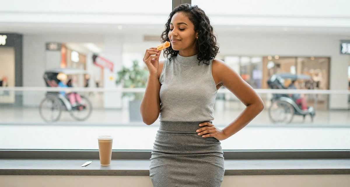 A blissful Female Grew up in the Czech Republic, studied digital film production in their 27, accepting that success requires endless reinvention, wearing a mock neck sleeveless top and a pencil skirt, holding a snack in a shopping mall atrium.