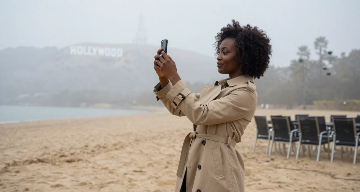 A vibrant and alive Female From Nigeria, majored in business communication in their 25, realizing no one teaches emotional labor in creator work, wearing a long trench coat belted tightly at the waist, snapping a photo with a phone in a conference room.