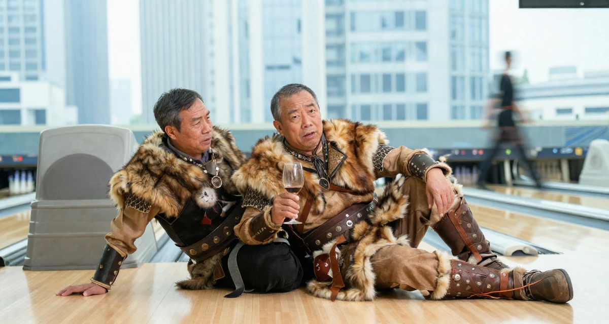 A suspicious male From Chengdu China, self-taught photographer with nightlife roots in their 40, supporting aging parents, wearing a barbarian warrior outfit with faux fur and leather, holding a wine glass by the stem in a bowling alley.