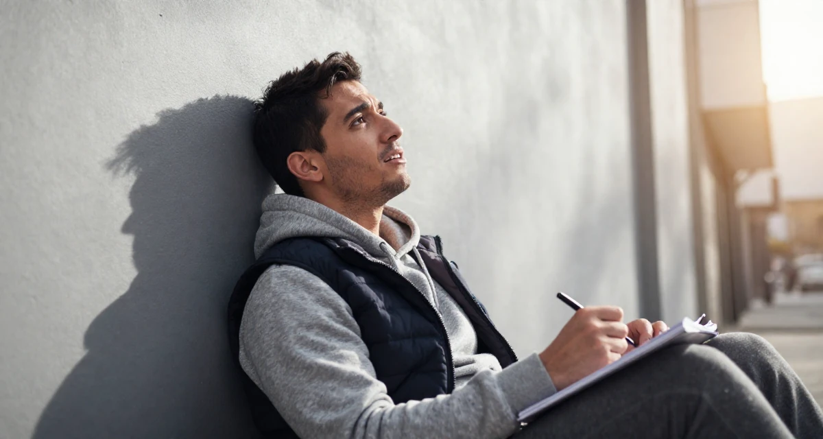 A emotionally moved male From Chile, majored in international business at a private university in their 31, investing in personal health and fitness, wearing a layered vest over hoodie, holding a pen poised to write in a urban street.
