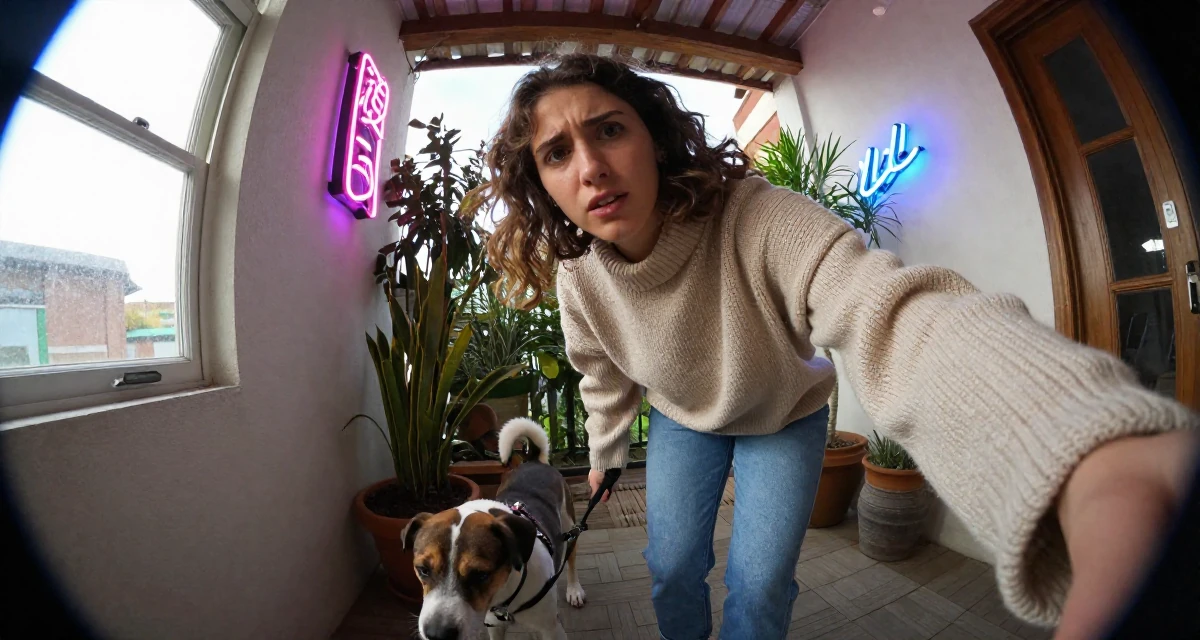 A lighthearted Female From Uruguay, studied anthropology in their 23, regretting creative decisions but needing to post anyway, wearing a oversized beige sweater and jeans, walking a dog (leash visible) in a sunny patio.