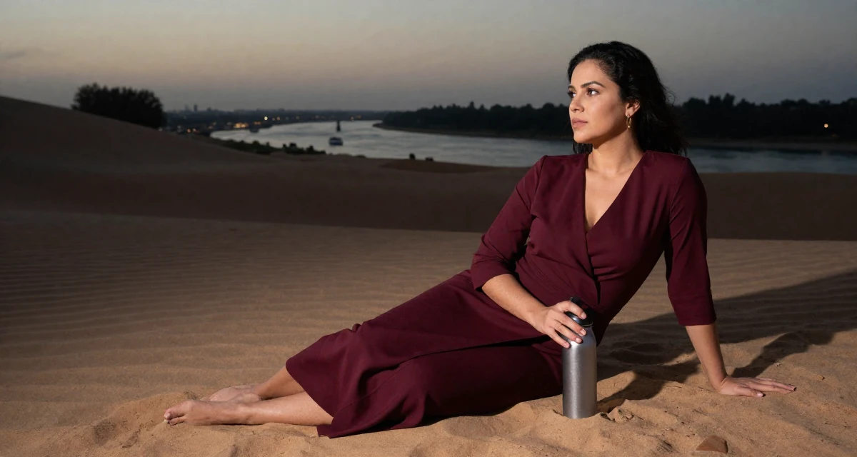 A yearning Female From Brazil, majored in communication in their 31, teaching photography and editing skills, wearing a elegant wrap dress in deep burgundy, holding a water bottle in a desert sand dunes.