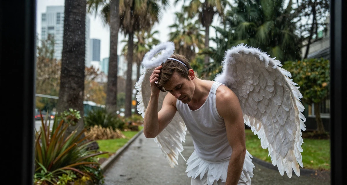 A elegant male From Vancouver Canada, majored in fine arts in their 22, understanding the importance of mental resilience, wearing a angel costume with large feathered wings and a halo, scratching a head lightly in a forest path.