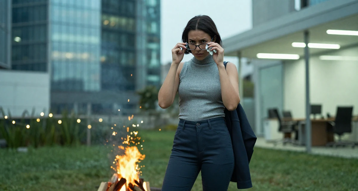 A mischievous Female Grew up in Argentina, majored in audiovisual production in their 22, facing uncertainty about future stability, wearing a sleeveless turtleneck top and tailored cigarette pants, cleaning glasses with a cloth in a campfire circle.