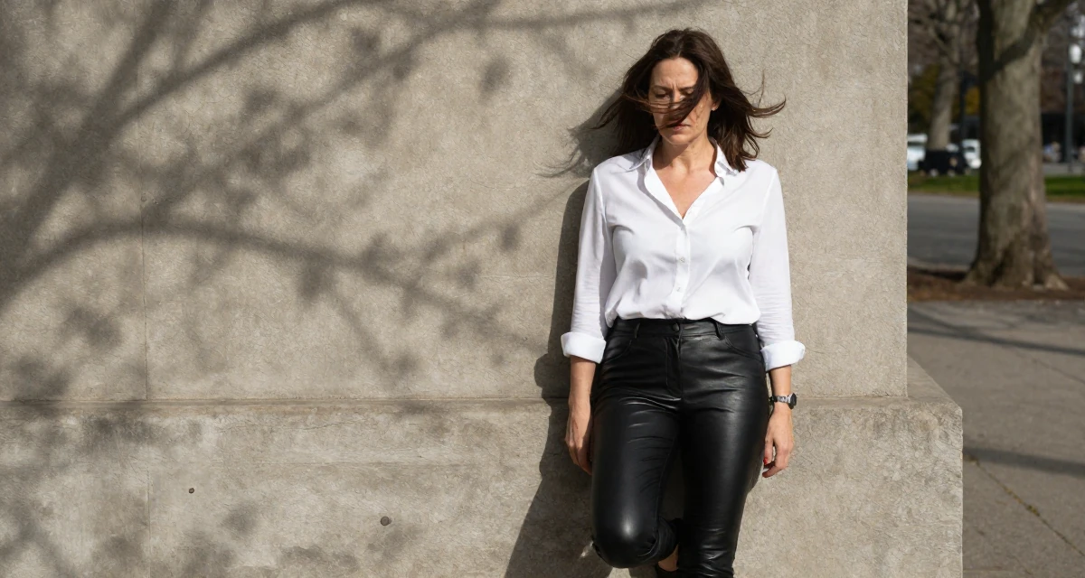 A introspective Female From USA, trained as a yoga instructor in their 47, navigating the challenges of the sandwich generation, wearing a black leather trousers and a crisp white blouse, shielding face from the wind in a quiet park.