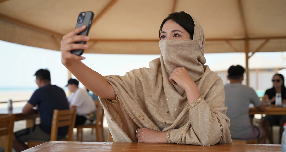 A relaxed and observant Female From Mongolia, majored in history and culture in their 30, standing tall with unshakeable dignity, wearing a desert nomad wrap outfit with a face veil, posing for a selfie in a beach bar.