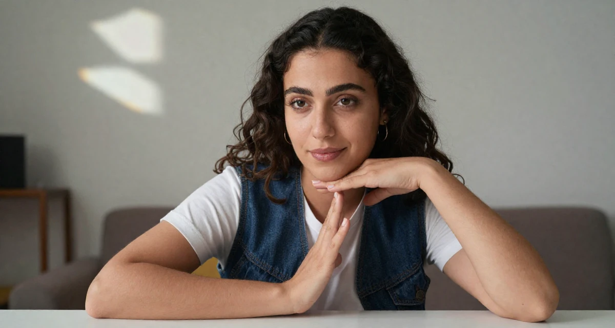 A gentle Female Born in Egypt, studied public relations in their 22, mastering the art of subtle teasing through framing, wearing a casual vest and t-shirt layer, tapping a foot rhythmically in a home interior.