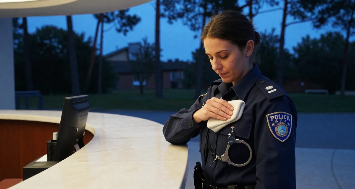 A placid Female From Italy, studied restoration of cultural heritage in their 25, preparing for larger adult responsibilities, wearing a police officer uniform with a badge and handcuffs, dusting off the shoulder in a cinema lobby.