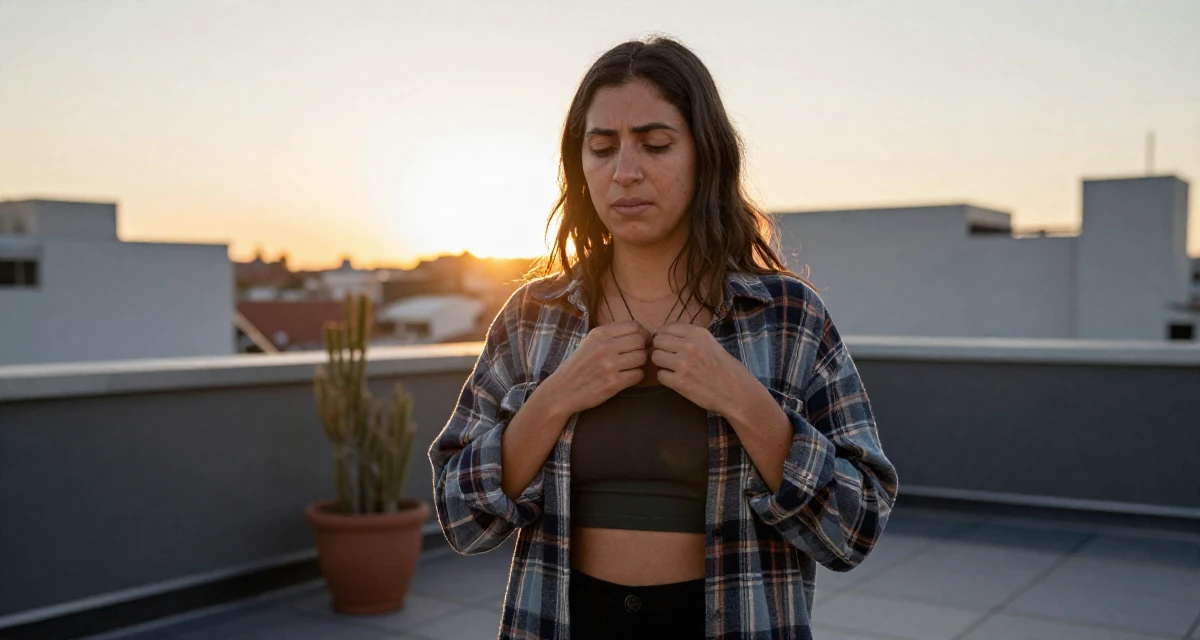 A emotional Female Born in Colombia, majored in media innovation in their 49, focusing on spiritual growth and grounding, wearing a oversized flannel shirt unbuttoned over a crop top, fiddling with a necklace in a rooftop terrace at sunset.