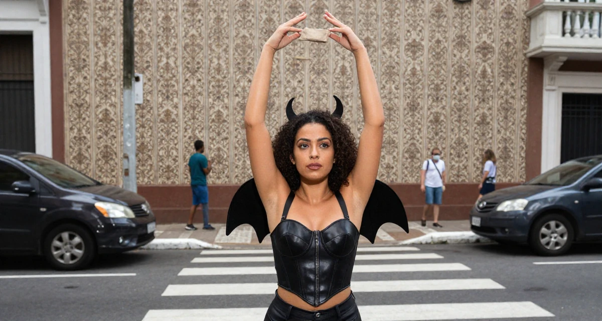 A self-assured Female From Brazil, has a background in journalism in their 32, sharing easy DIY home improvement projects, wearing a succubus costume with small wings and a leather bustier, reaching for a pocket in a busy crosswalk.