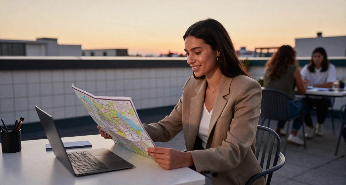 A hopeful Female Once a babysitter, now documenting grown-up self-expression in their 34, managing a remote team from a home office, wearing a smart casual blazer ensemble, looking at a map in a rooftop terrace at sunset.
