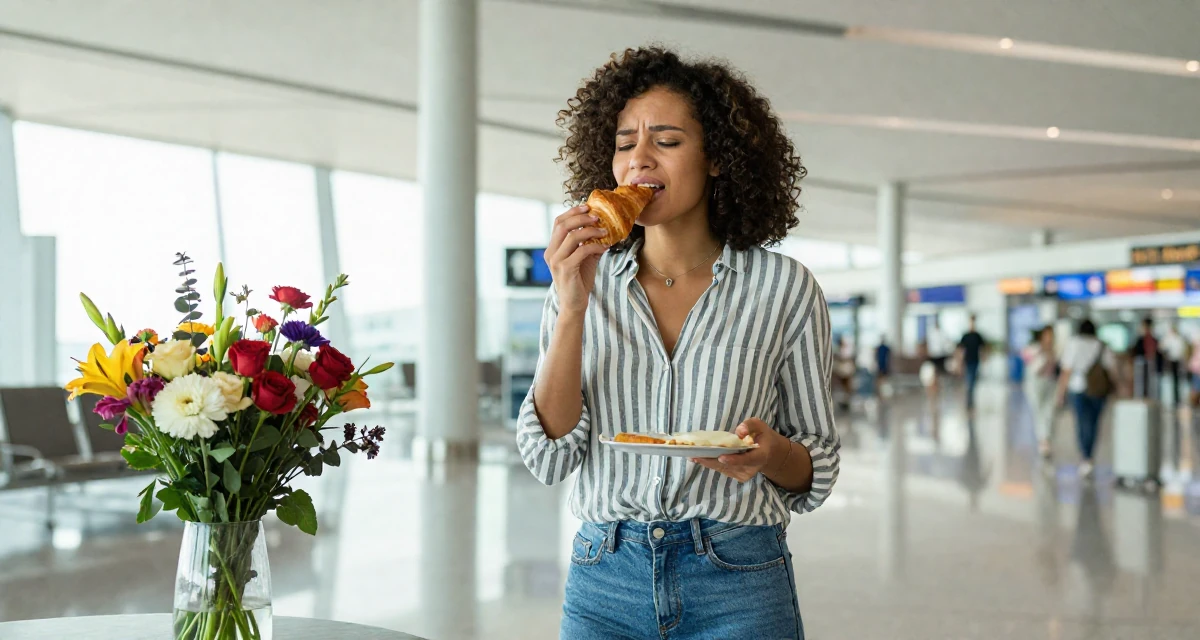 A energetic Female From Zambia, majored in marketing communication in their 24, hiding stress behind carefully curated posts, wearing a classic striped shirt and jeans, eating a croissant in a airport terminal.