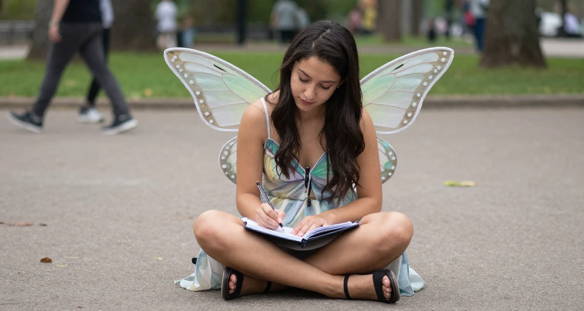 A witty Female From Argentina, based in Buenos Aires, graduated from a media institute majoring in flirtatious content styling in their 24, maintaining anonymity while growing faster, wearing a butterfly-themed fairy dress with large wings, writing in a notebook in a quiet park.
