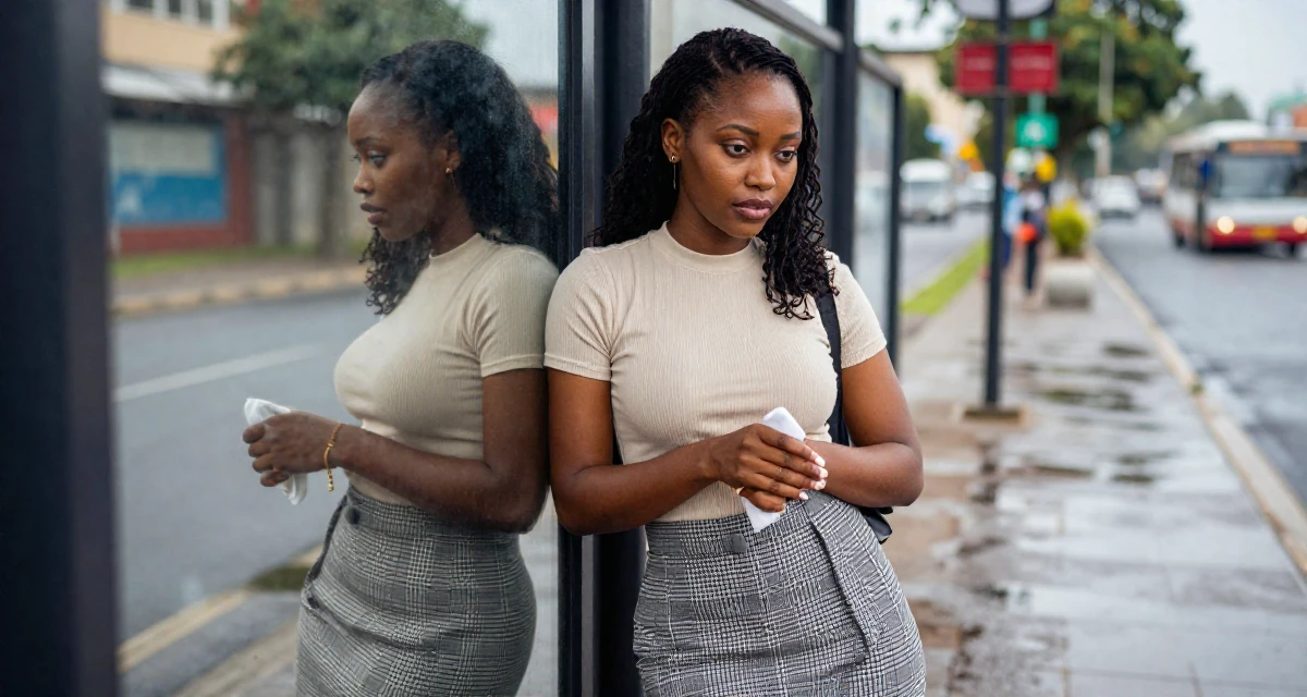 A sultry Female From Rwanda, majored in social innovation in their 24, exploring side hustles to supplement income, wearing a fitted ribbed top and a check pattern skirt, wiping hands in a bus stop.