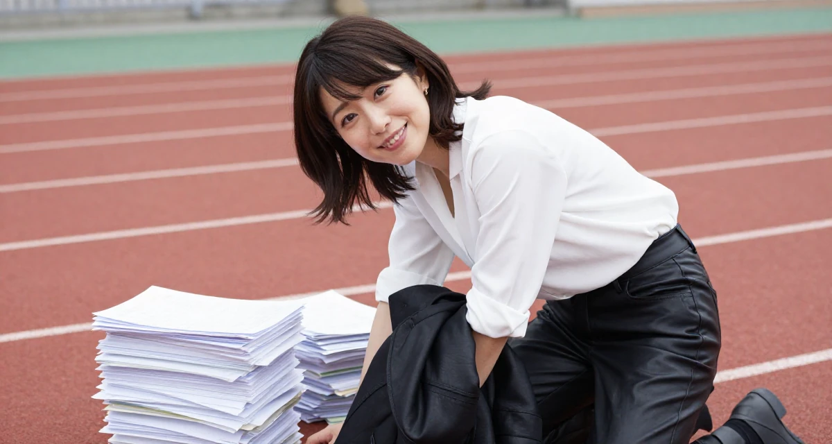 A hopeful Female From Japan, majored in information systems in their 31, digital nomad setting up a base in a new city, wearing a black leather trousers and a crisp white blouse, putting on a jacket in a running track.