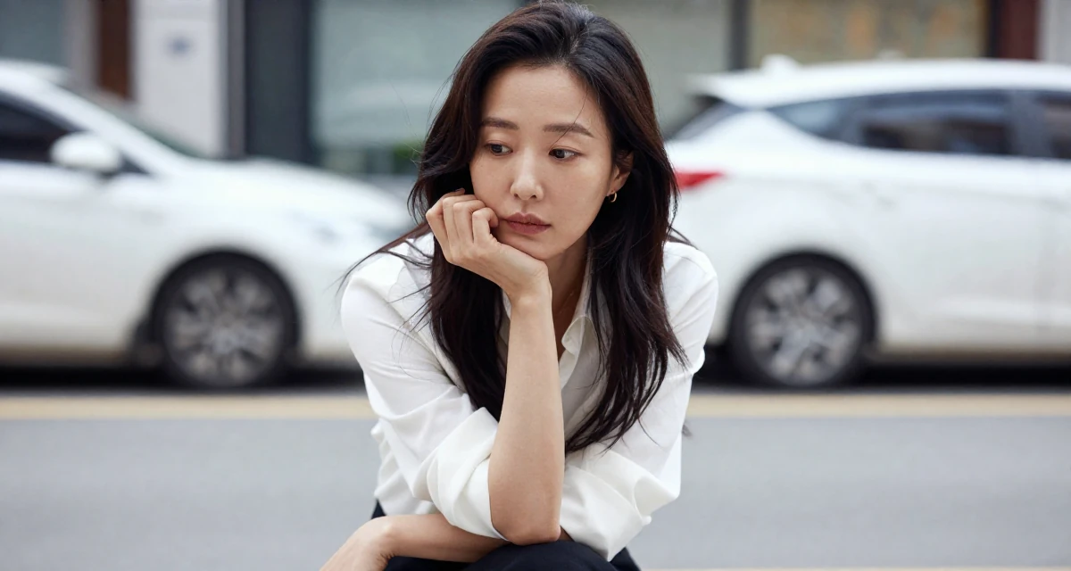 A fragile Female Based in South Korea, studied fashion merchandising in their 48, finding purpose beyond motherhood, wearing a minimalist Scandinavian style, resting a chin on a hand in a urban street.