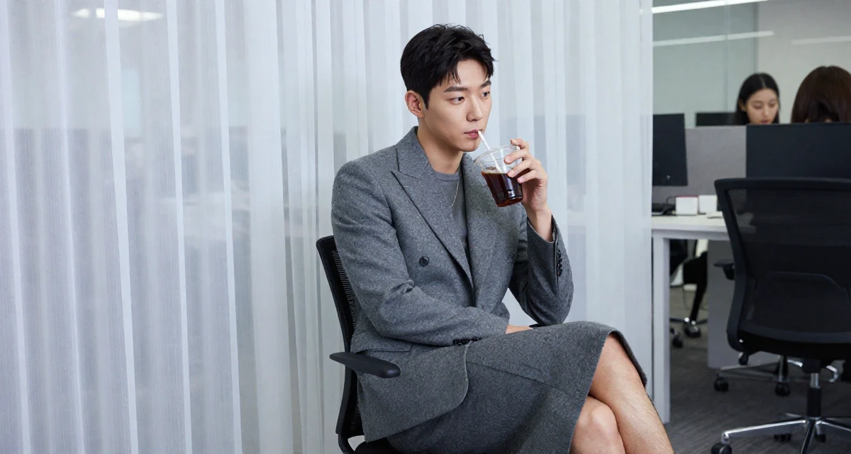 A thoughtful male From South Korea, studied textile design and fashion in their 22, managing new financial responsibilities, wearing a grey wool skirt suit with a fitted jacket, holding a cold drink in a busy coworking space.