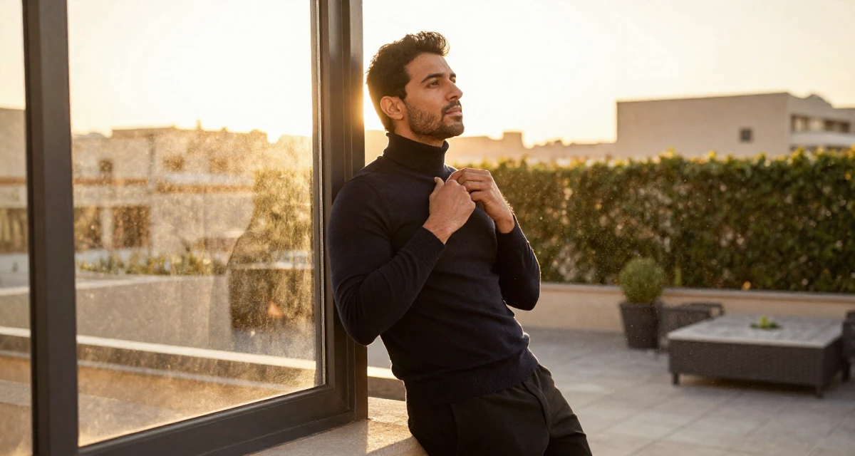 A content male From Dubai UAE, majored in luxury branding and lifestyle presentation in their 36, sharing realistic fitness routines for busy people, wearing a sophisticated turtleneck and trousers, fixing a collar in a rooftop garden.