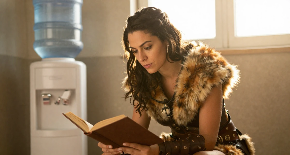 A refreshed Female From Portugal, based in Porto, graduated from a polytechnic majoring in visual media in their 25, experimenting with outfit themes and props, wearing a barbarian warrior outfit with faux fur and leather, opening a book in a photo studio.